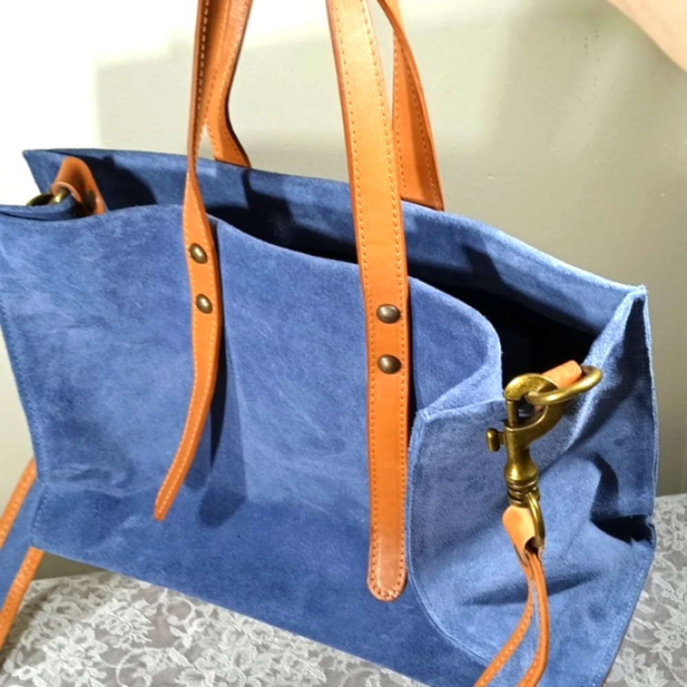 Sundance Made In Italy Suede Large Denim Tote Bag  Leather Straps - Picture 13 of 17